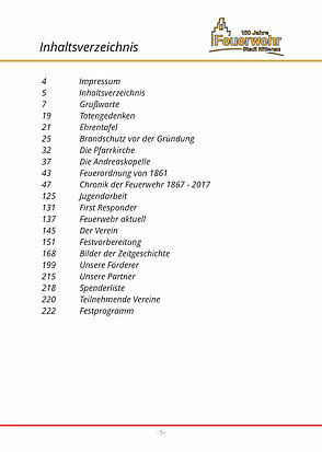 Inhaltsverzeichnis der Festschrift "150 Jahre Feuerwehr Stadt Nittenau"